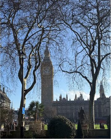 Photo of the Big Ben and Houses of Parliament taken from the Parliament Square Garden on a sunny day. 