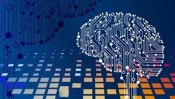 Illustration of a computer circuit board. Some connections form a brain. 