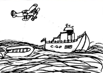 Sketch of the Channel in black and white depicting an abandoned dinghy next to a Coast Guard Patrol boat with the british flag overlooked by a seaplane.