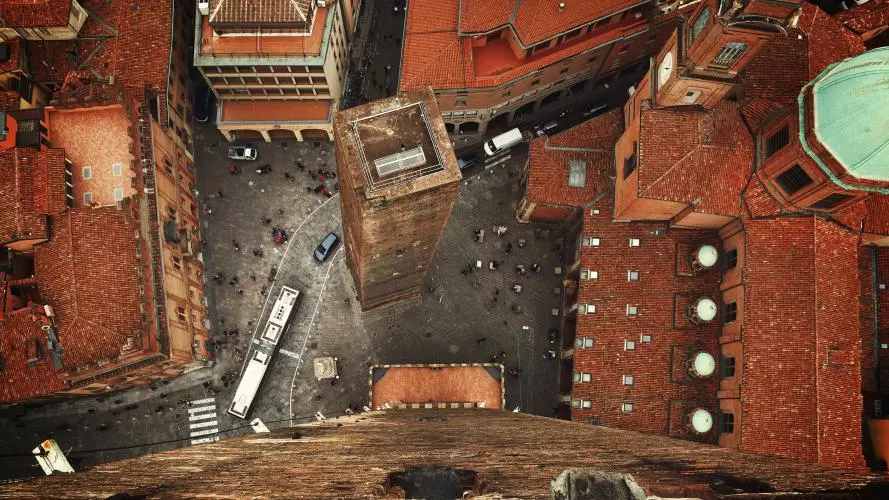 aerial view of central quarter of Bologna