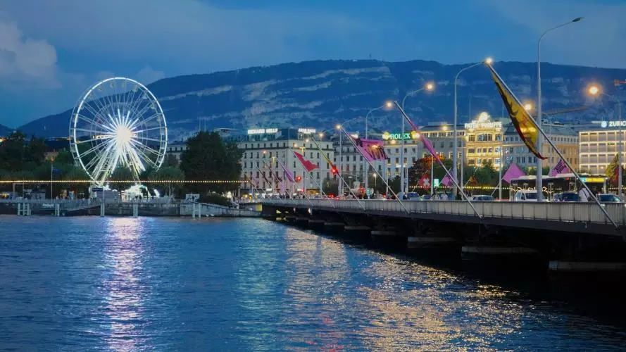 Evening time photo of the Pont du Mont-Blanc, Geneva, Switzerland.
