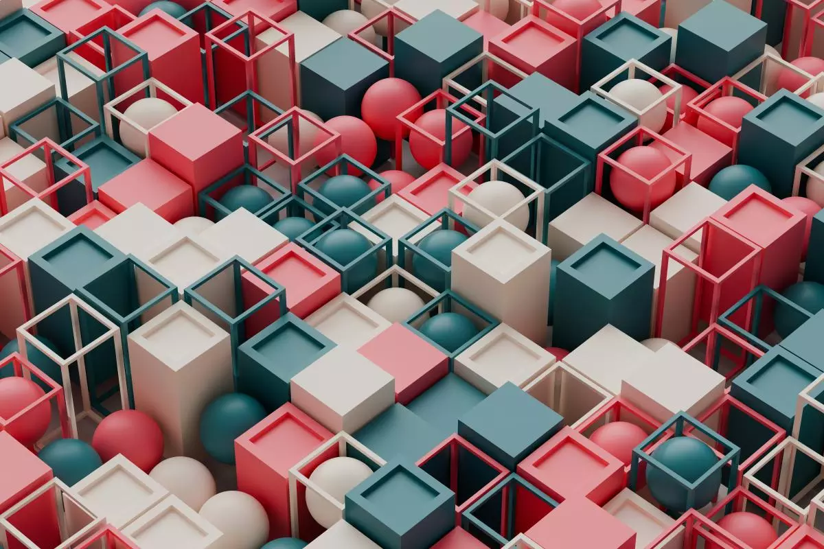 3d render of an aglomeration group of boxes and containers of different colours